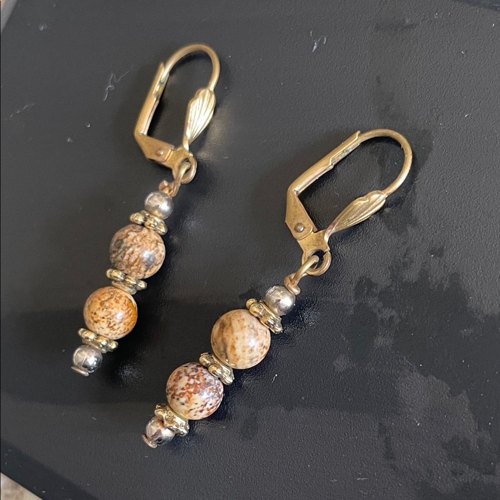 Vintage Brown Jasper Beaded Drop Earrings